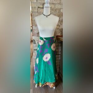 Floral Satin reversible Green Wrap Around Skirt